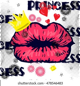 Abstract illustration for t-shirts. Background with kiss red lips and creative design for girls. Fashion illustration of a figure in the art Nouveau style for clothes. Girlish print with lips, hearts