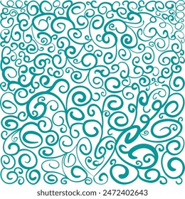 Abstract illustration with turquoise colored spiral silhouettes drawing in handwriting contour line style