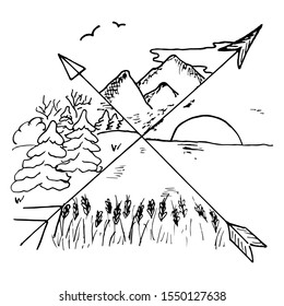 Abstract illustration with two arrows, forest, mountains, sea and field. Tattoo sketch, print for t-shirts