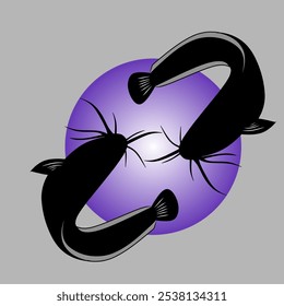 Abstract illustration of two black catfish in a yin-yang formation on a purple gradient circle background. Symbolic balance and harmony concept with fish silhouette art