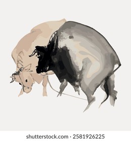 Abstract illustration of two bulls in beige and gray tones, showcasing a dynamic and artistic representation of bulls in motion. Minimalist bull artwork. Vintage farm animal illustration vector.