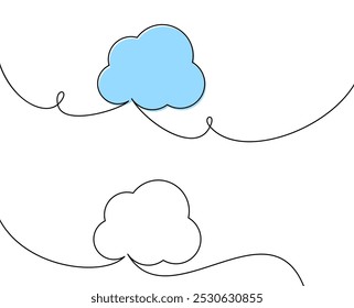 Abstract illustration of two clouds, one blue and one white, connected by swirling black lines. Simple and modern design, ideal for cloud computing, networking, or data concepts.