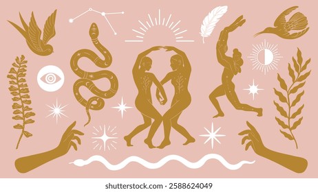 Abstract illustration with two figures dancing, surrounded by snakes, birds, and celestial symbols. Features nature and celestial themes with dynamic poses. Spirituality vector set.