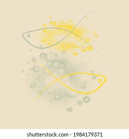 Abstract illustration of two fish on the background of spots. The drawing is done in yellow and gray. Great print for t-shirt, flyer, poster, cover, textile print. 