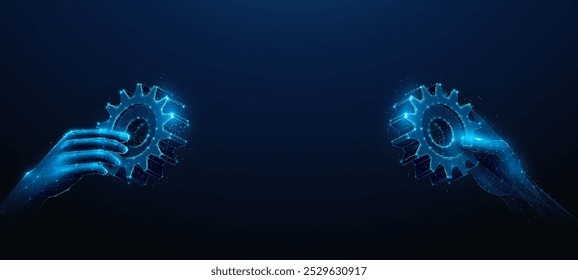 Ilustración Abstractas de dos manos acercándose a los engranajes en estilo de baja poli. Fondo geométrico azul que representa la asociación de sinergia y el concepto de trabajo en equipo empresarial por malla de alambre