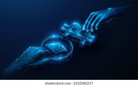 Abstract illustration of two hands with Ethereum ETH and Bitcoin BTC in low poly style. Geometric background on cryptocurrency, blockchain technology, token exchange stock market concept by wireframe