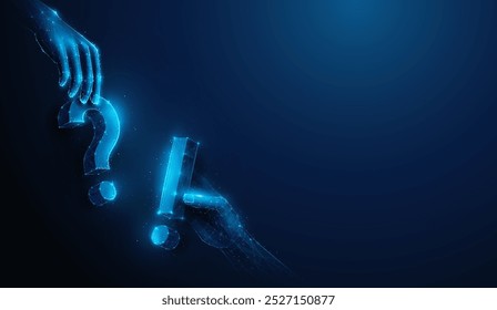 Abstract illustration of two hands holding question mark and exclamation point approaching in low poly style. Blue geometric background depicting faq and technical expert support concept by wireframe