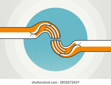 Abstract illustration of two hands reaching toward each other, symbolizing support, empathy and trust, care and human connection. Concept of assistance, emotional support, positive relationships.
