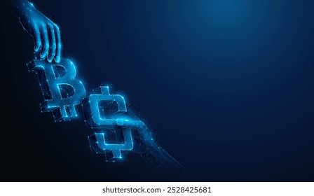 Abstract illustration of two hands wit bitcoin and dollar in low poly style. Blue geometric background depicting cryptocurrency, blockchain technology, token exchange stock market concept by wireframe