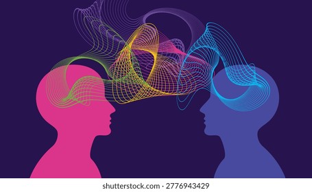Abstract illustration of two human head silhouettes facing each other with colorful flowing lines connecting them. Visual metaphor of communication, exchange of ideas, neural networks, and data transfer. Concept of artificial intelligence, collaboration, psychology, and human interaction.