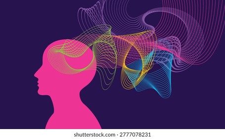 Abstract illustration of two human head silhouettes facing each other with colorful flowing lines connecting them. Visual metaphor of communication, exchange of ideas, neural networks, and data transfer. Concept of artificial intelligence, collaboration, psychology, and human interaction.