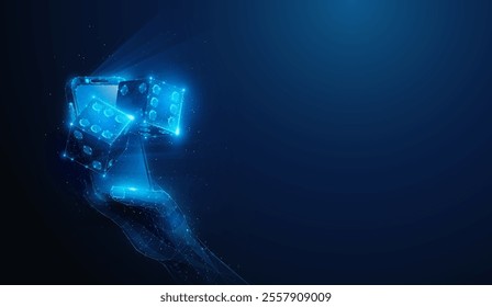 Abstract illustration of two low poly game dices over smartphone in hand. Blue geometric background depicting online casino gambling and role play board game concept by wireframe mesh