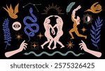 Abstract illustration with two nude figures dancing, surrounded by snakes, birds, and celestial symbols. Vibrant colors and mystical elements create a surreal atmosphere. Spirituality vector set.
