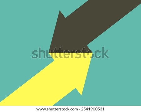 Abstract illustration of two opposing arrows in yellow and dark gray, crossing at the center, symbolizing opposite directions, movement, and business concepts in a modern vector design