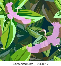 Abstract illustration of two pink crane fly in the rainforest, tropical green leaves background, animal seamless wallpaper, vector  fashion  color design print summer, bird 