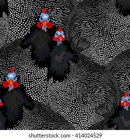 Abstract illustration of two rooster and hen (chicken) in background black white polka dots, cock seamless pattern, design fashion print, trendy stylish texture spring summer, color vector art animal
