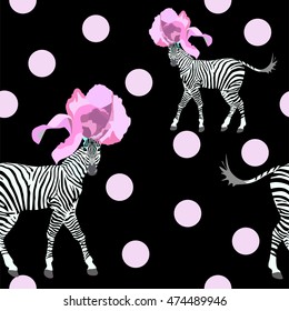 Abstract illustration of two striped (white and black) Zebra in fashionable pink flower hats, Fashion Week, polka dot background, color  vector design prints, trendy texture, animals seamless pattern