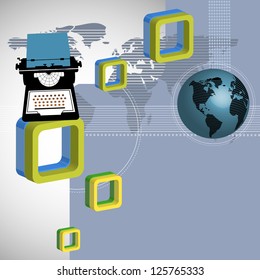 Abstract illustration with typewriter tool, world map, blue globe and colorful rounded squares