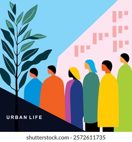 Abstract illustration of urban life with diverse people in colorful outfits and modern plant design. Contemporary art concept, vector illustration
