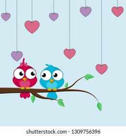 abstract illustration Valentine Day heart shape with bird's couple on the tree. Vector colorful greeting card template in carving art style. - Vector