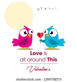 abstract illustration Valentine Day of heart with bird's couple. Vector colorful greeting card template in carving art style. - Vector