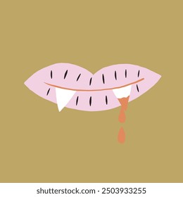 Ilustración Abstractas de labios de vampiro con colmillos y un goteo de sangre. La Imagen evoca temáticas de horror, misterio y Halloween, ambientadas en un fondo audaz