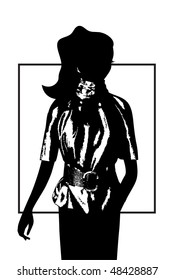Abstract illustration. A vector black silhouette of the beautiful girl in a shining silk dress