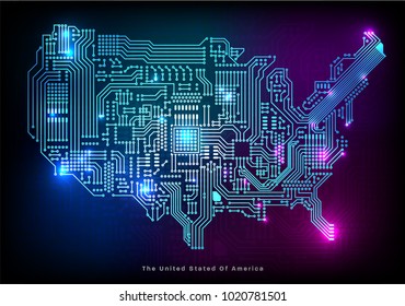 Abstract illustration vector electronic circuit line /Main board Map of United States with glowing points. 
