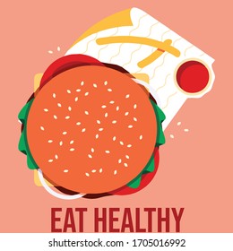 abstract illustration of vegetable burger with eat healthy text