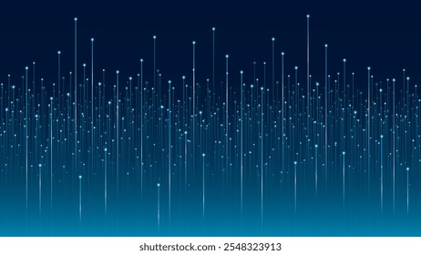 Una ilustración abstracta con líneas de Vertical y puntos brillantes sobre un fondo azul oscuro. Esta ilustración futurista simboliza la ciencia y la tecnología, la transmisión de datos y la comunicación digital.