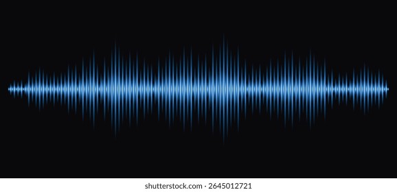 Abstract illustration of a vibrant blue glowing soundwave on a dark background. Dynamic visual for audio, music, technology or communication concepts. Reflecting frequency volume or sound analysis.