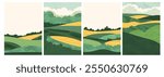 Abstract illustration of vintage Italian vineyard in Tuscany, with green fields, wavy hills, rural village. Eco-friendly, organic farm pattern creates a scenic, idyllic landscape watercolor background