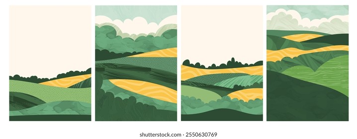 Abstract illustration of vintage Italian vineyard in Tuscany, with green fields, wavy hills, rural village. Eco-friendly, organic farm pattern creates a scenic, idyllic landscape watercolor background