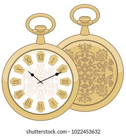 Abstract illustration of vintage round pocket watch. Business style. Men's golden clock fashion. Business. Isolate on white background. Flat vector illustration