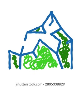 Abstract illustration visualizing blue outlined building ruins or structures with tangled green vegetation growing and reclaiming the worn down architecture. Symbolizing decay and nature's resilience