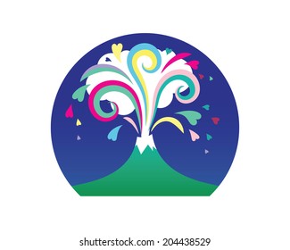 Abstract illustration with volcano and hearts.