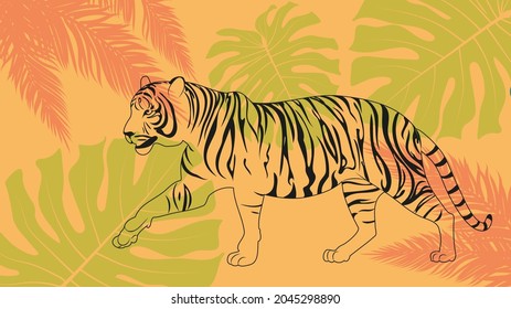 Abstract illustration with walking tiger and tropical leaves in line art style.
