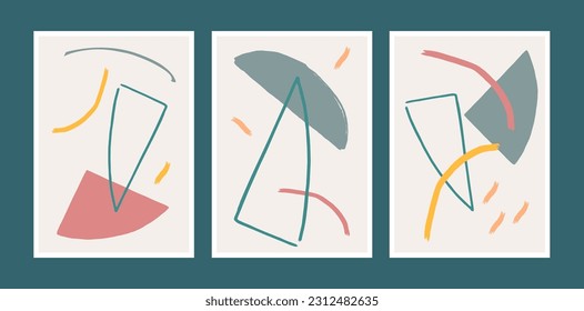 Abstract, illustration wall art vector shapes, muted colours in coral, pink, grey-blue, teal and yellow. 