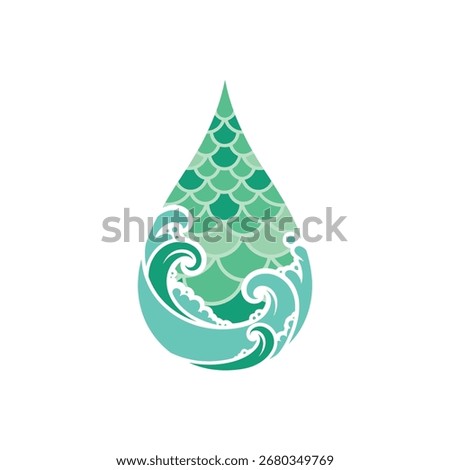 An abstract illustration of a water drop filled with ocean waves and fish scale patterns. This graphic combines elements of nature and fantasy in a clean design.