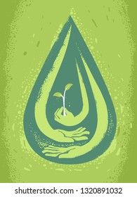 Abstract Illustration of Water Drop with Hands Holding a Seedling Plant