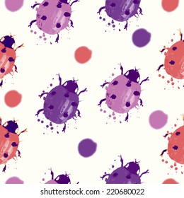 Abstract illustration. Watercolor seamless ladybugs pattern. 