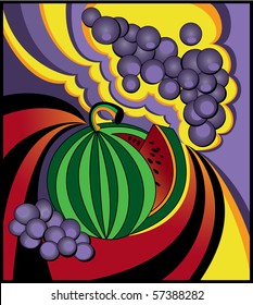 Abstract illustration of a watermelon cut and some grapes on colorful background