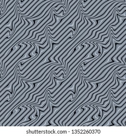 Abstract Illustration of Wave Stripes on Black and Gray Background with Geometric Pattern and Visual Distortion Effect. Optical illusion and Curved lines