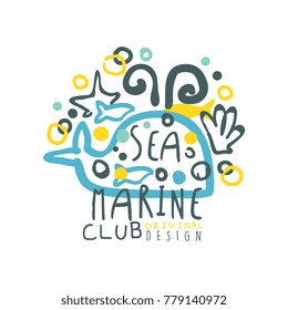 Abstract illustration with whale and decoration for sea club logo original design template. Kids style drawing. Hand drawn colorful vector isolated on white.