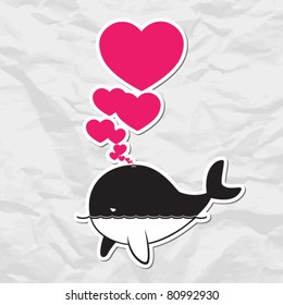 Abstract illustration of whale with hearts on a paper-background.