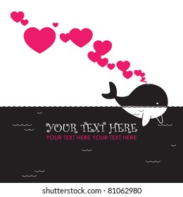 Abstract illustration of whale with hearts on a paper-background. Place for your text.