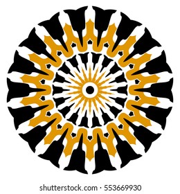 abstract illustration, white background - orange and black recurrent geometric shapes with eye in the middle