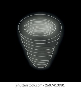 Abstract illustration of white glowing spiral shape on black background is forming a cone