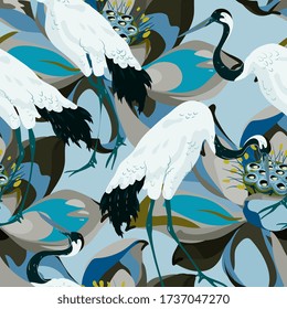 Abstract illustration of a white red-headed crane on a background of light blue and cream lotuses. Seamless vector floral pattern. Simple square repeating design for fabric and wallpaper.