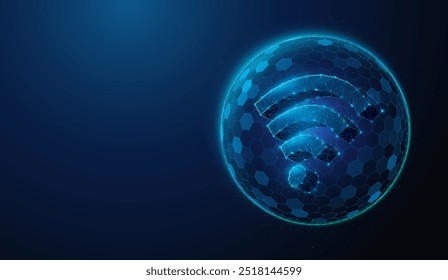 Abstrakte Illustration eines Wi-Fi-Netzwerks, das durch eine Schildbarriere im Low-Poly-Stil geschützt ist. Blauer geometrischer Hintergrund, der das Sicherheitskonzept der Wireless-Netzwerk-Firewall nach Drahtmodell-Verbindungsstruktur darstellt